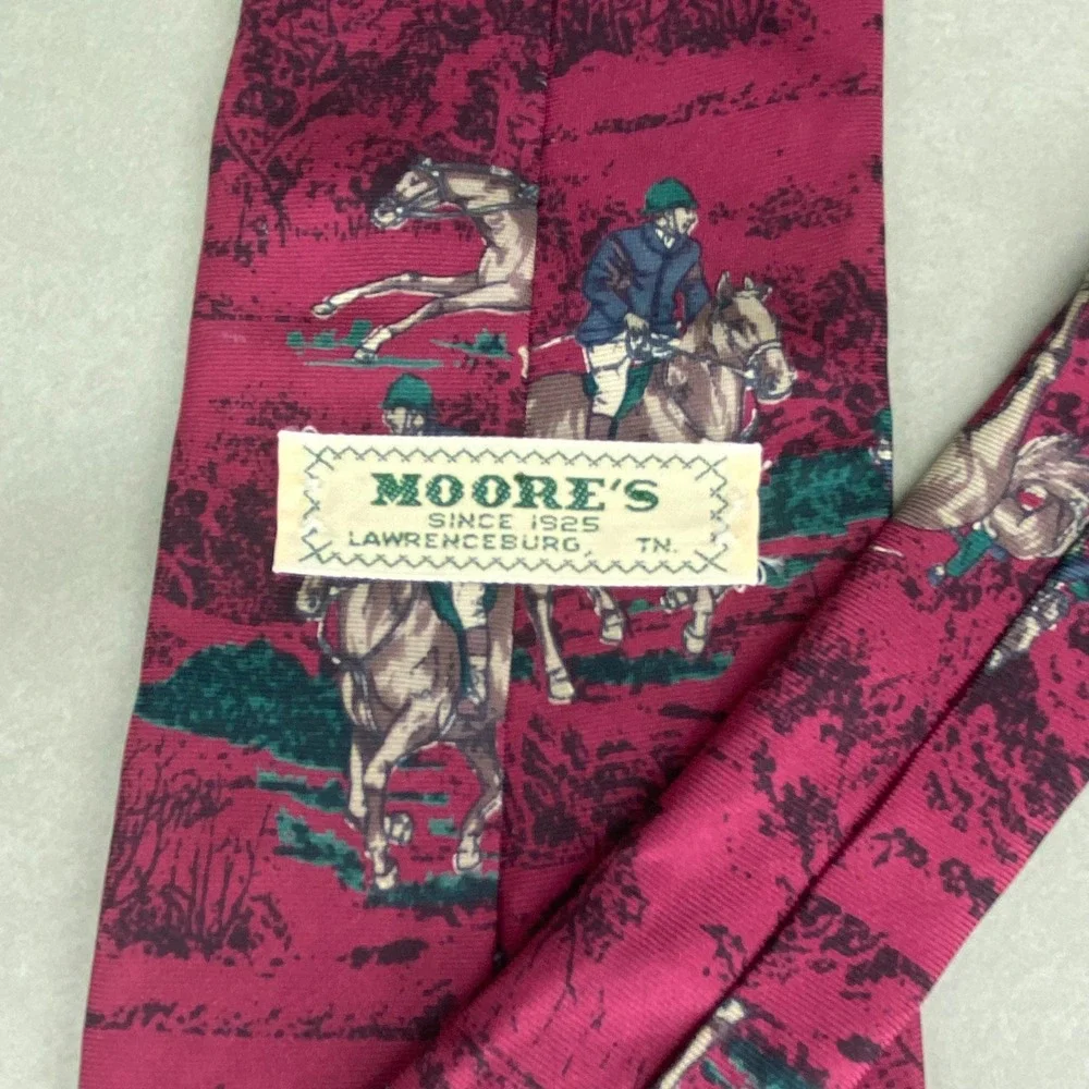 VTG Moore's Equestrian Horse Fox Hunt Silk Tie Burgundy Navy Hunting‎ Dog 57x4
